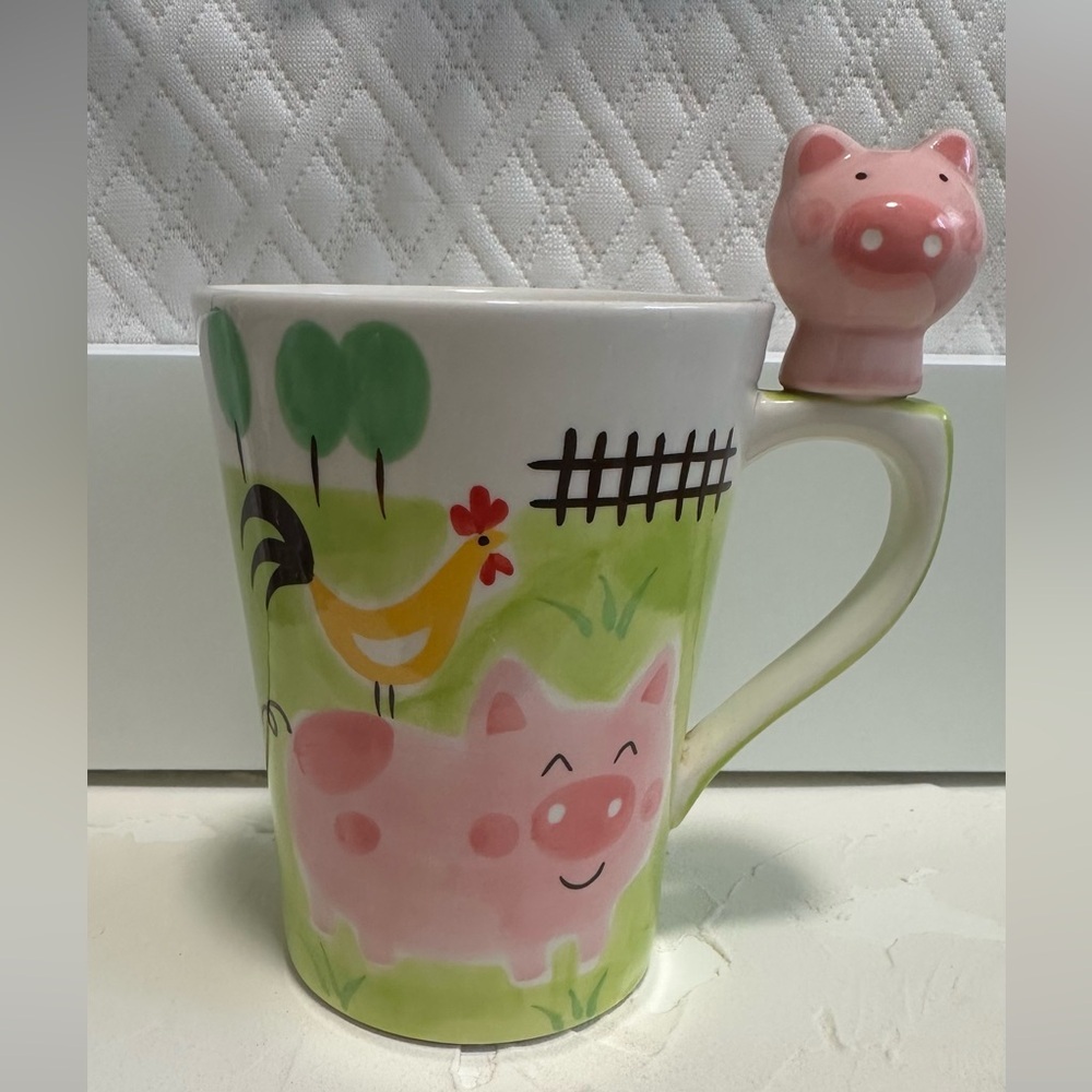 Pig and Rooster Ceramic Mug with Pink Pig Accent